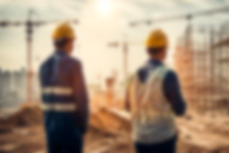 Blur images of workers in construction site. Silhouette Engineer and construction team working at site.の素材