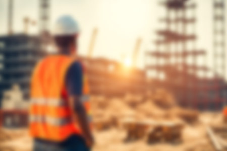 Blur images of workers in construction site. Silhouette Engineer and construction team working at site.の素材