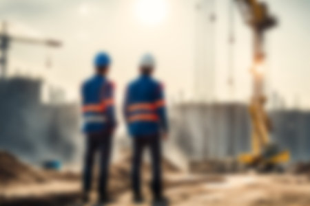 Blur images of workers in construction site. Silhouette Engineer and construction team working at site.の素材