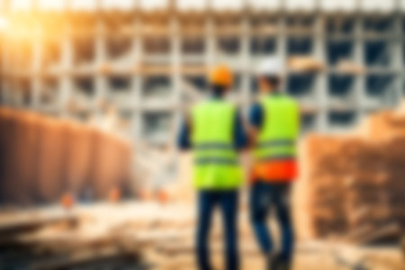 Blur images of workers in construction site. Silhouette Engineer and construction team working at site.の素材