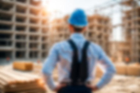 Blur images of workers in construction site. Silhouette Engineer and construction team working at site.の素材