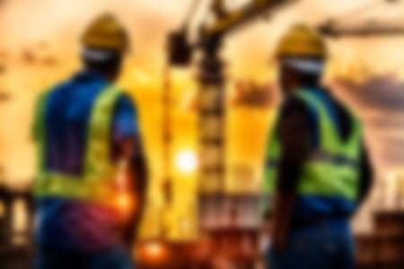 Blur images of workers in construction site. Silhouette Engineer and construction team working at site.の素材