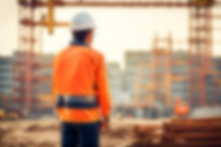 Blur images of workers in construction site. Silhouette Engineer and construction team working at site.の素材