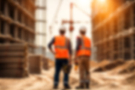 Blur images of workers in construction site. Silhouette Engineer and construction team working at site.の素材
