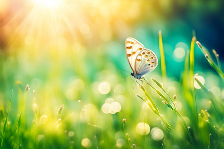 Spring wildflower field in beautiful sunlight. flowers and grass in a countryside at sunset time.の素材
