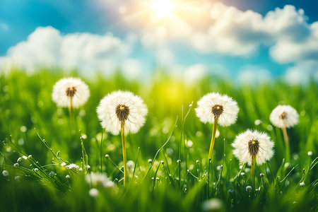 Spring wildflower field in beautiful sunlight. flowers and grass in a countryside at sunset time.の素材