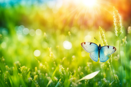 Spring wildflower field in beautiful sunlight. flowers and grass in a countryside at sunset time.の素材