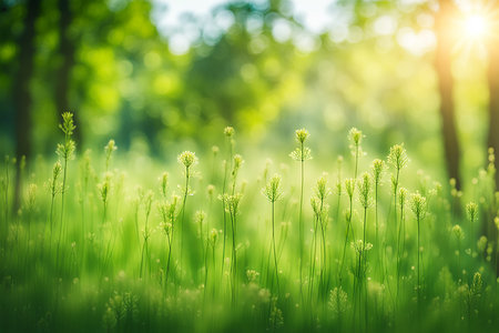 Spring wildflower field in beautiful sunlight. flowers and grass in a countryside at sunset time.の素材