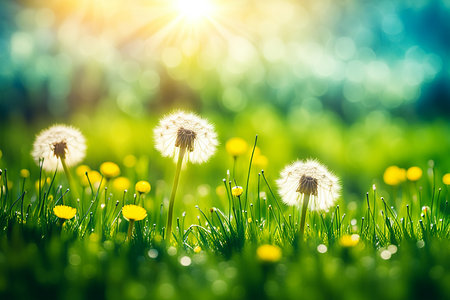Spring wildflower field in beautiful sunlight. flowers and grass in a countryside at sunset time.の素材