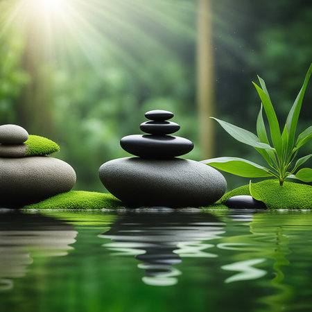 Zen stones,orchid,Lotus flower on nature background with reflection. Spa treatment, massage aromatherapy concept.の素材