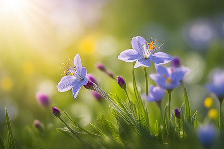 Spring wildflower field in beautiful sunlight. flowers and grass in a countryside at sunset time.の素材
