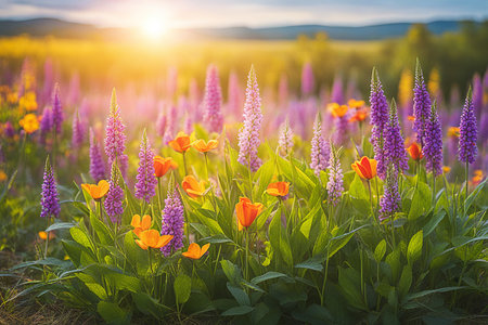 Spring wildflower field in beautiful sunlight. flowers and grass in a countryside at sunset time.の素材