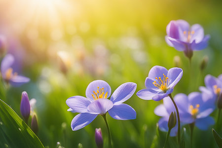 Spring wildflower field in beautiful sunlight. flowers and grass in a countryside at sunset time.の素材