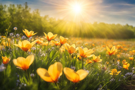 Spring wildflower field in beautiful sunlight. flowers and grass in a countryside at sunset time.の素材