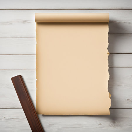 Antique Paper old yellowed sheet of paper on a wooden background. Vintage test form.の素材