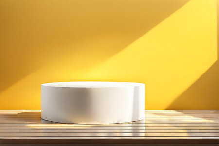 Yellow podium mockup. fashion showcase mock up scene or exhibition product display.Studio showroom pedestalの素材