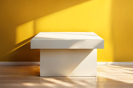 Yellow podium mockup. fashion showcase mock up scene or exhibition product display.Studio showroom pedestalの素材