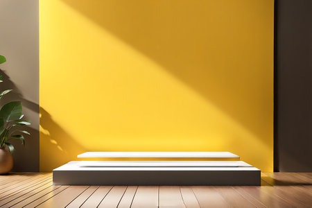 Yellow podium mockup. fashion showcase mock up scene or exhibition product display.Studio showroom pedestalの素材