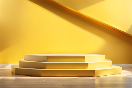 Yellow podium mockup. fashion showcase mock up scene or exhibition product display.Studio showroom pedestalの素材