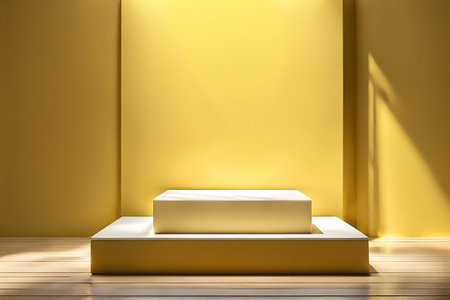 Yellow podium mockup. fashion showcase mock up scene or exhibition product display.Studio showroom pedestalの素材