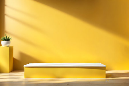 Yellow podium mockup. fashion showcase mock up scene or exhibition product display.Studio showroom pedestalの素材