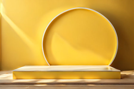 Yellow podium mockup. fashion showcase mock up scene or exhibition product display.Studio showroom pedestalの素材