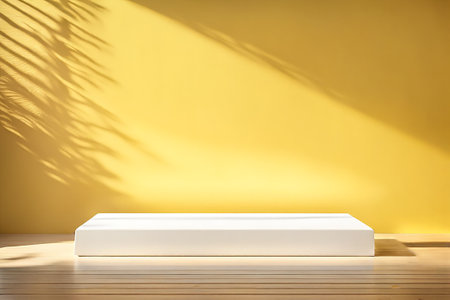 Yellow podium mockup. fashion showcase mock up scene or exhibition product display.Studio showroom pedestalの素材