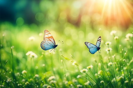 Spring wildflower field in beautiful sunlight. flowers and grass in a countryside at sunset time.の素材