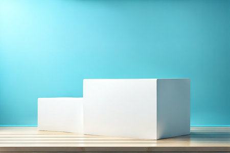 Blue podium mockup. fashion showcase mock up scene or exhibition gallery display.の素材