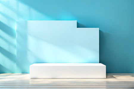 Blue podium mockup. fashion showcase mock up scene or exhibition gallery display.の素材