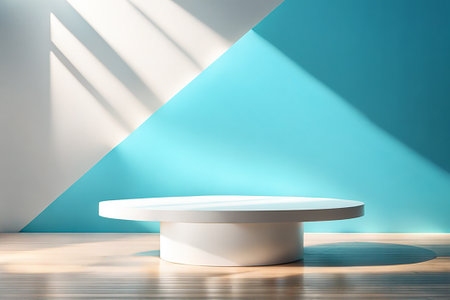 Blue podium mockup. fashion showcase mock up scene or exhibition gallery display.の素材