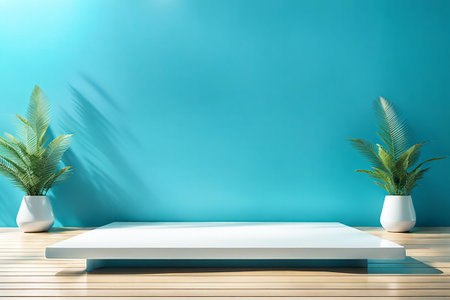 Blue podium mockup. fashion showcase mock up scene or exhibition gallery display.の素材