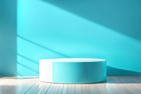 Blue podium mockup. fashion showcase mock up scene or exhibition gallery display.の素材