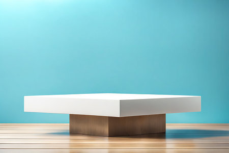 Blue podium mockup. fashion showcase mock up scene or exhibition gallery display.の素材