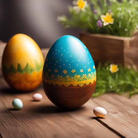 Easter eggs with flower on wood table background.の素材