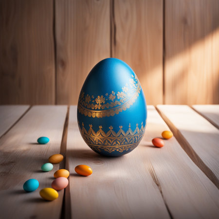 Easter eggs with flower on wood table background.の素材