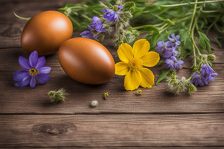 Easter eggs with wildflower on wood table background.の素材