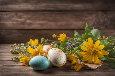 Easter eggs with wildflower on wood table background.の素材