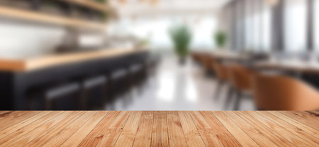 Empty wood tabletop or counter with display product. Blur image of restaurant interior background....