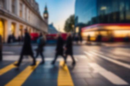 Blurred images of business people walking in the cityscape, sunlight with bokeh. Blur Business concept background for use.の素材