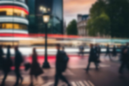 Blurred images of business people walking in the cityscape, sunlight with bokeh. Blur Business concept background for use.の素材