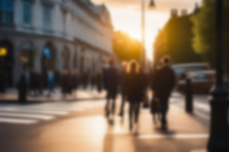 Blurred images of business people walking in the cityscape, sunlight with bokeh. Blur Business concept background for use.の素材