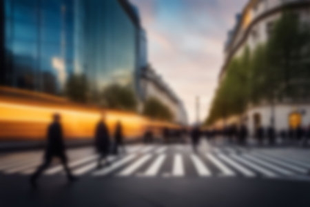 Blurred images of business people walking in the cityscape, sunlight with bokeh. Blur Business concept background for use.の素材