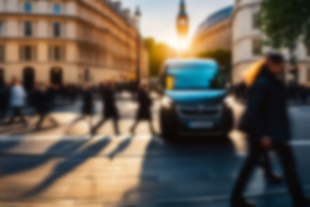Blurred images of business people walking in the cityscape, sunlight with bokeh. Blur Business concept background for use.の素材