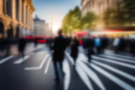 Blurred images of business people walking in the cityscape, sunlight with bokeh. Blur Business concept background for use.の素材