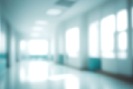 Blur clinic or hospital room, Light blurred background for use. blank hall an office or medical institution hall room. Blur interior background concept.の写真素材