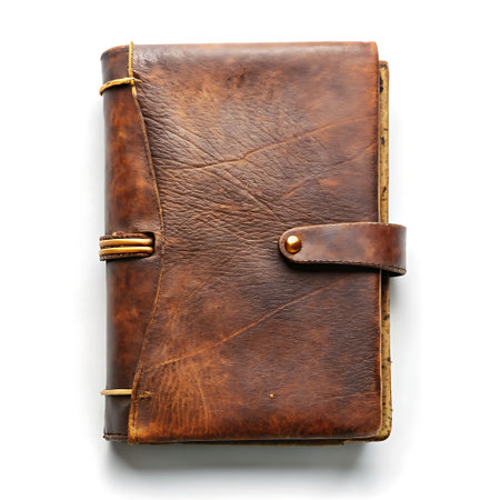 Old dirty brown leather journal book on white background.の素材