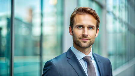 Portrait of a handsome young businessman in suit standing outside office buildingの素材