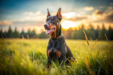 Doberman Pinscher dog sitting on the grass at sunsetの素材
