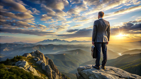 Businessman with briefcase standing on top of a mountain and looking at the sunriseの素材